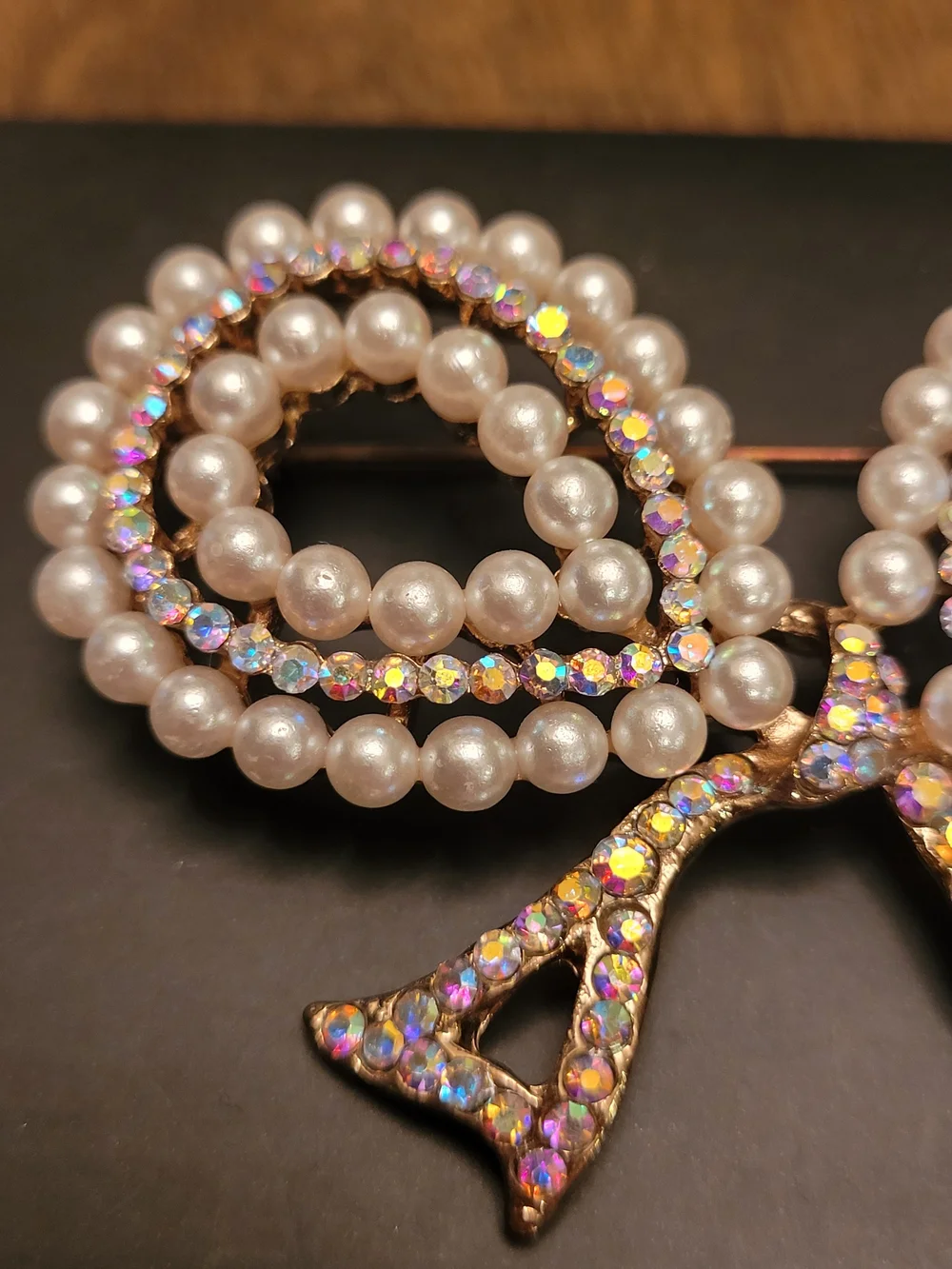 Vintage 1950s 60s Faux Pearl Aurora Borealis Rhinestone Bow Brooch Pin